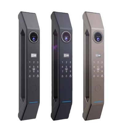 Desbloqueo de tarjeta Cerradura inteligente con cámara Automático ojo de gato y huellas dactilares APP Intercom
