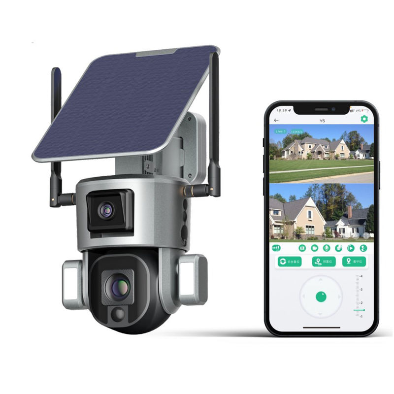 Cámara de vigilancia de doble lente 4K con almacenamiento a bordo y energía solar